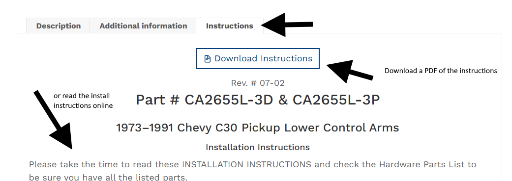 DJM Suspension - Instructions tab with arrows and directions