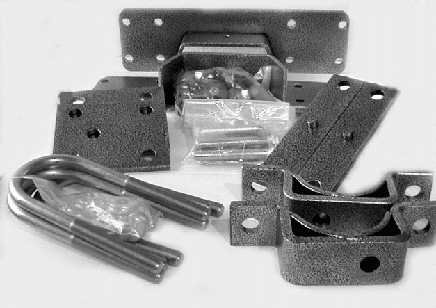 DJM rear flip kit components including axle locators, U-bolts, and frame support brackets