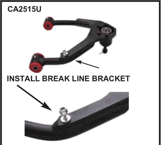 DJM CA2515U upper control arm with arrow showing where to install the brake line bracket